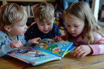 Fototapeta premium Children's reading a book together. International Children's Book Day