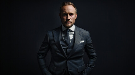 Obraz premium Sophisticated Businessman in Elegant Suit Stands Against Dark Background, Symbolizing High-End Investments and Wealth Management
