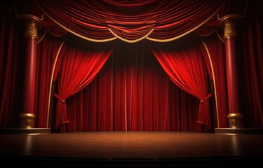 Red theater curtain. Luxurious silky velvet tiled drapes texture.