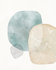 Trendy Art with Zen Stones. Gray, Ivory and Pale Green Pebbles on a Off-White Background. Modern Illustration with Hand Drawn Marble and Grantite Stones. Simple Contemporary Minimalist Art. 