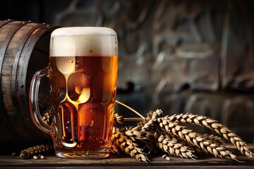 A sumptuous image of a chilled beer mug with a frothy head over a wooden surface, wheat ears in the foreground, creating an inviting atmosphere