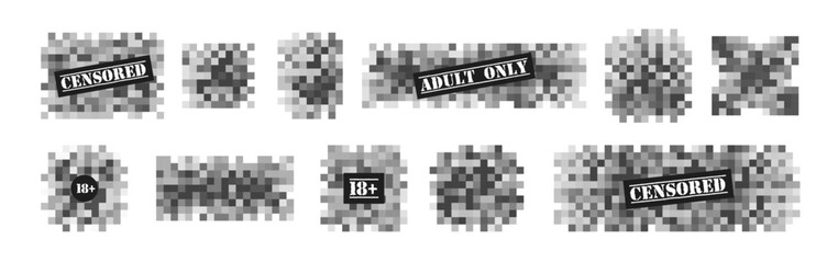 Black censor pixel bar concept. Censorship mosaic sign, censored bar and nudity pixel blur. The shape of the rectangle, square, oval, circle. Black and white illustration