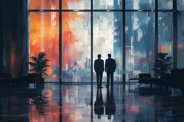 The silhouetted figures in a vibrant, artistic office space portray innovation and futuristic...