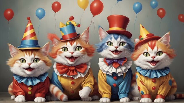 "Picture a band of mischievous cats, all dressed up as clowns and ready to entertain. With a mix of modern and retro styles, this prompt is sure to bring a smile to your face and spark your imaginatio