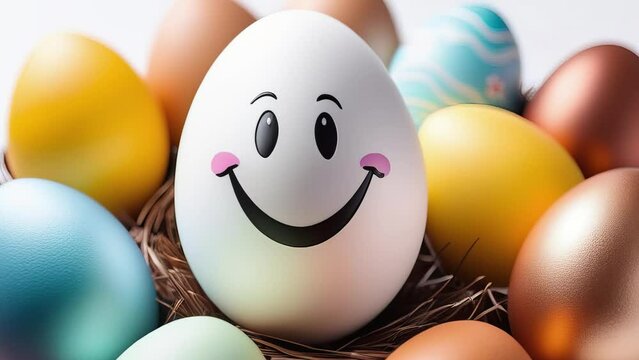 Happy Easter. Egg smiling against the background of other painted eggs
