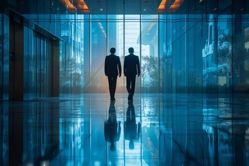 A pair of business professionals stroll through a sleek glass building, reflecting the hustle of the city and the calm of the morning light