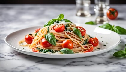 Tomato Linguine pasta with anchovy, basil, spinach and parmesan cheese. white plate. Marble table.