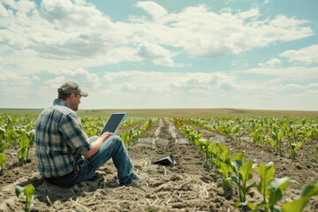Naklejka na ściany i meble Young male agronomist using laptop at agriculture field