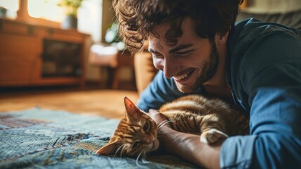 happy people at home with favorite pet , love and friendship of human and animal pragma - obrazy, fototapety, plakaty