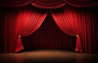 Red theater curtain repeat pattern for performance or promotion backdrop.  Luxurious silky velvet tile drapes texture.