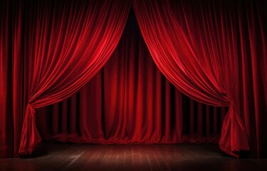 Fototapeta premium Red theater curtain repeat pattern for performance or promotion backdrop. Luxurious silky velvet tile drapes texture.