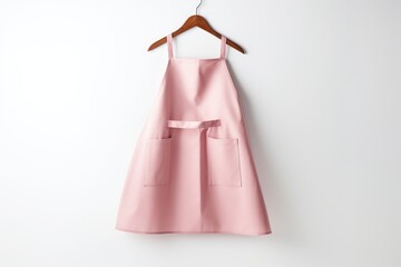 A delicate pink apron with a large central pocket is gracefully hanging from a wooden hanger, presenting a clean, front view on a white backdrop