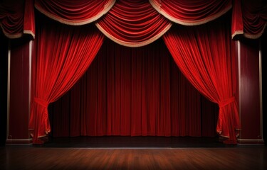 Red theater curtain repeat pattern for performance or promotion backdrop.  Luxurious silky velvet tile drapes texture.
