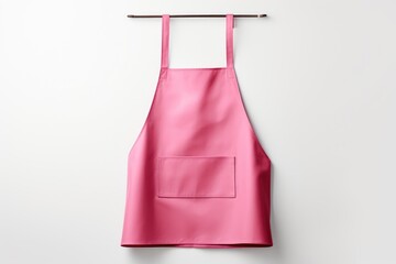 A hot pink apron with a smooth finish and a spacious front pocket, hanging from a modern wooden rod against a pristine white background