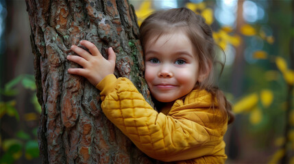 Girl hugging a tree in the forest