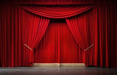 Fototapeta premium Red theater curtain repeat pattern for performance or promotion backdrop. Luxurious silky velvet tile drapes texture.
