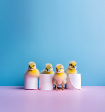 Little yellow ducks with rolls of toilet paper on pastel blue and pink background. 