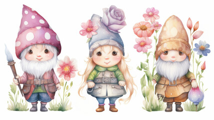 Obraz na płótnie Canvas Cute gnome and gnome woman with flower in spring, watercolor clipart