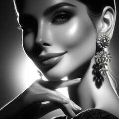 portrait woman glamour in black and white glitter  with simply beautiful smile