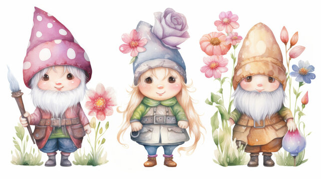 Cute gnome and gnome woman with flower in spring, watercolor clipart