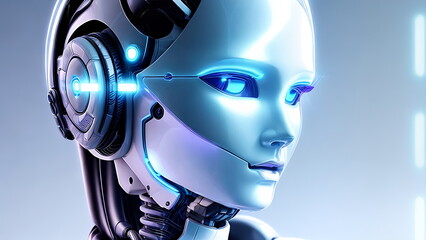 Game robot girl head with neon eyes