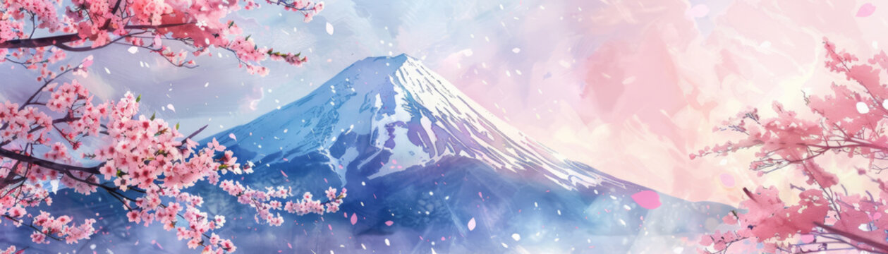 Mountain Fuji and japanese sakura cherry blossom in spring, whimsical watercolor artwork or travel banner