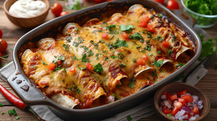 Fototapeta na wymiar Delicious homemade enchiladas topped with melted cheese and fresh herbs on rustic kitchen table