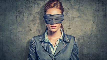 Obraz premium Businesswoman with Blindfold: Strategic Risk Management and Foresight in Decision Making for Corporate Success