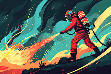 Fireman Hold Extinguisher Wearing Uniform And Helmet Adult Fire Fighter sprays a fire extinguisher on burning
