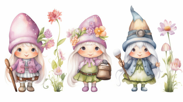 Three cute gnome girls with flower in spring, watercolor clipart