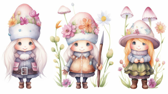 Three cute gnome girls with flower and mushroom in spring, watercolor clipart