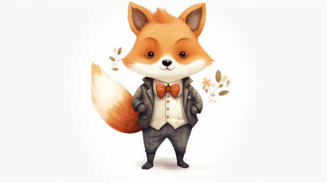 A cute fox in vintage suit posing isolated on white, whimsical watercolor clipart