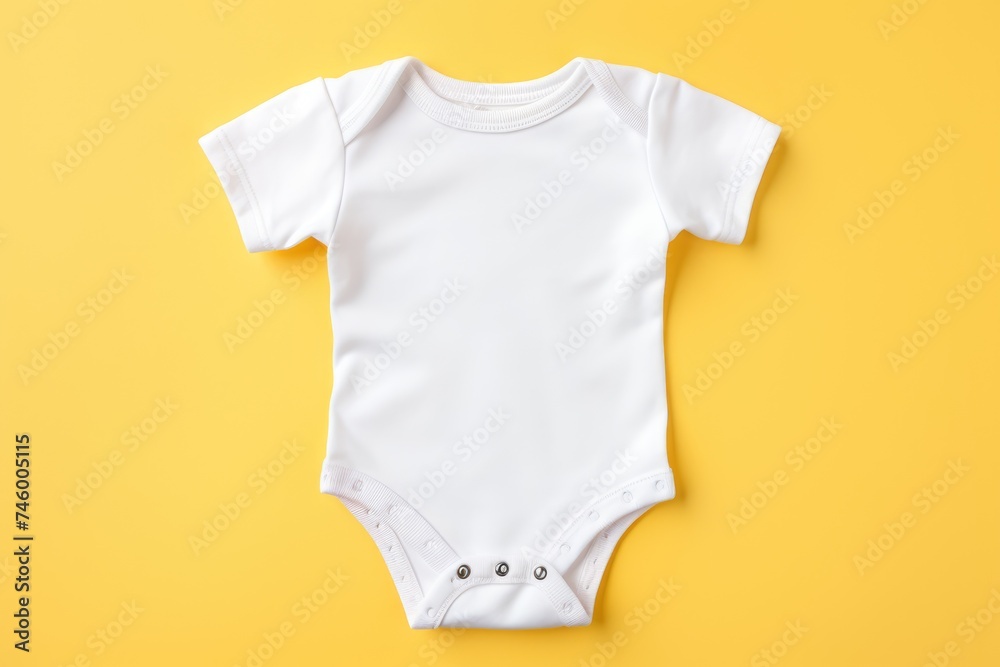 Sticker A white baby bodysuit mockup on a yellow backdrop, ideal for showcasing design and fashion for infants