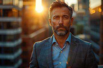 Obraz premium Confident mature businessman with a serious look against the backdrop of an urban sunset skyline