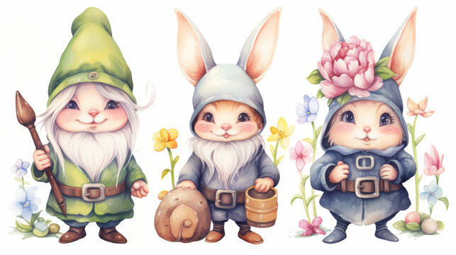 Cute bunny in gnome clothes with flower in spring and Easter themed, watercolor clipart