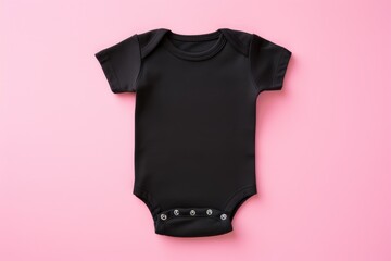A chic, black baby bodysuit mockup lying flat on a contrasting pink background, emphasizing simplicity and style