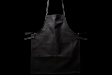 An elegant black apron with a smooth texture is highlighted against a dark background, showcasing its sleek design