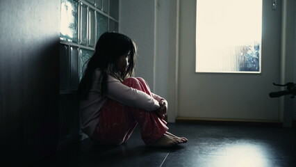 Lonely depressed child covering face while sitting on corridor at home, dramatic scene of lonely...