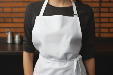 Close up of a person wearing a white apron against a dark shirt, in a professional kitchen environment with brick background