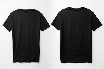 Two black t-shirts laid flat, offering a direct rear or back view ideal for mockups, set against a white background - obrazy, fototapety, plakaty