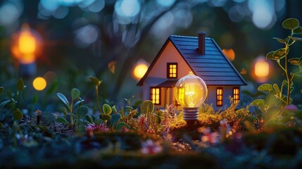 An environmentally conscious house lit by LED lighting that use less energy. Generative Ai. - obrazy, fototapety, plakaty
