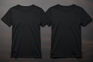 Two black t-shirts displayed in front view, offering a sleek and modern mockup for branding and design on a textured dark background - obrazy, fototapety, plakaty