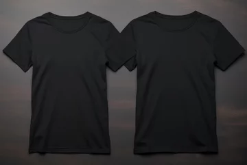 Fotobehang Two black t-shirts displayed in front view, offering a sleek and modern mockup for branding and design on a textured dark background © gankevstock