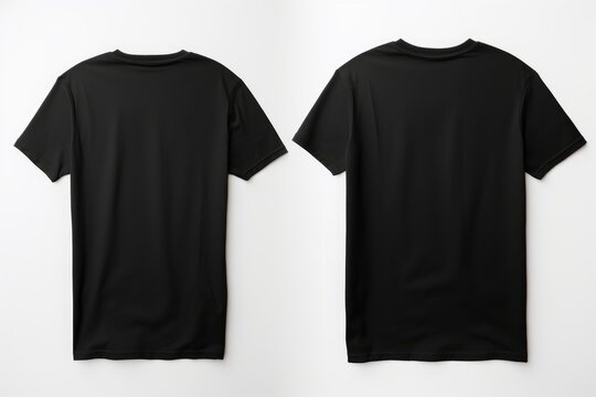 Two black t-shirts laid flat, offering a direct rear or back view ideal for mockups, set against a white background