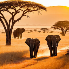 Elephants traverse walk through dust of the hot savanna national park
