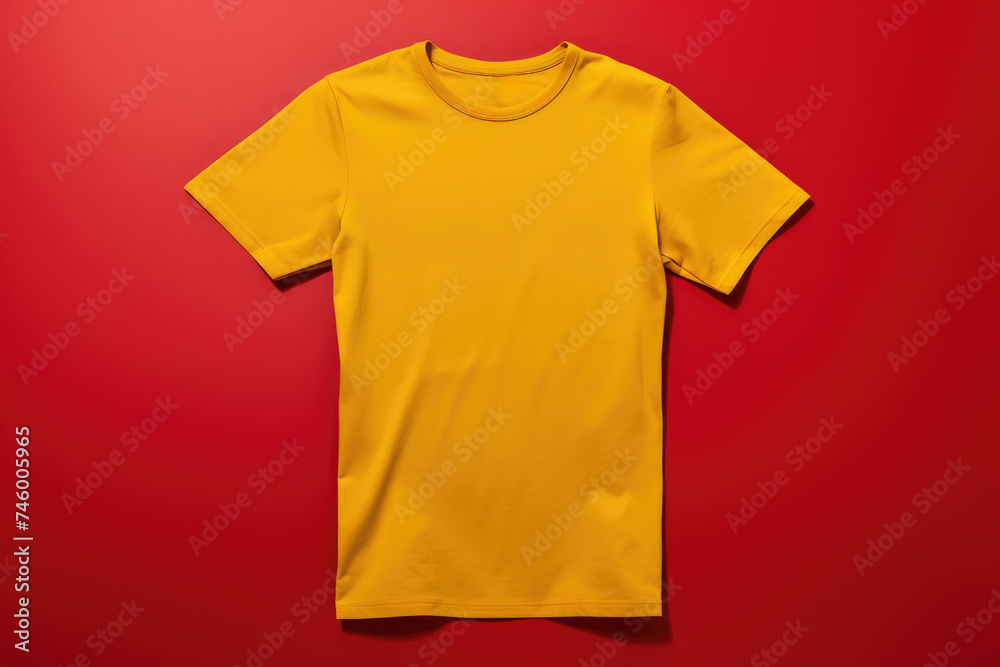 Poster Studio shot of a yellow t-shirt for branding and mockup design, red background