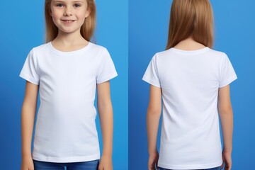 A young model smiles cheerfully in a plain white t-shirt, front and back views presented, against a striking blue background