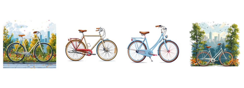 City bike, urban cycling, eco-friendly transport clipart vector illustration set
