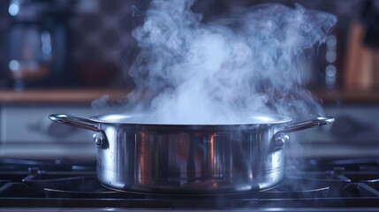 A pot of steam is coming out from a cooking pan on the stove, AI