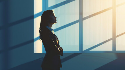 Confident Businesswoman Silhouette Standing in Sunlit Window, Symbolizing Professional Success and Leadership